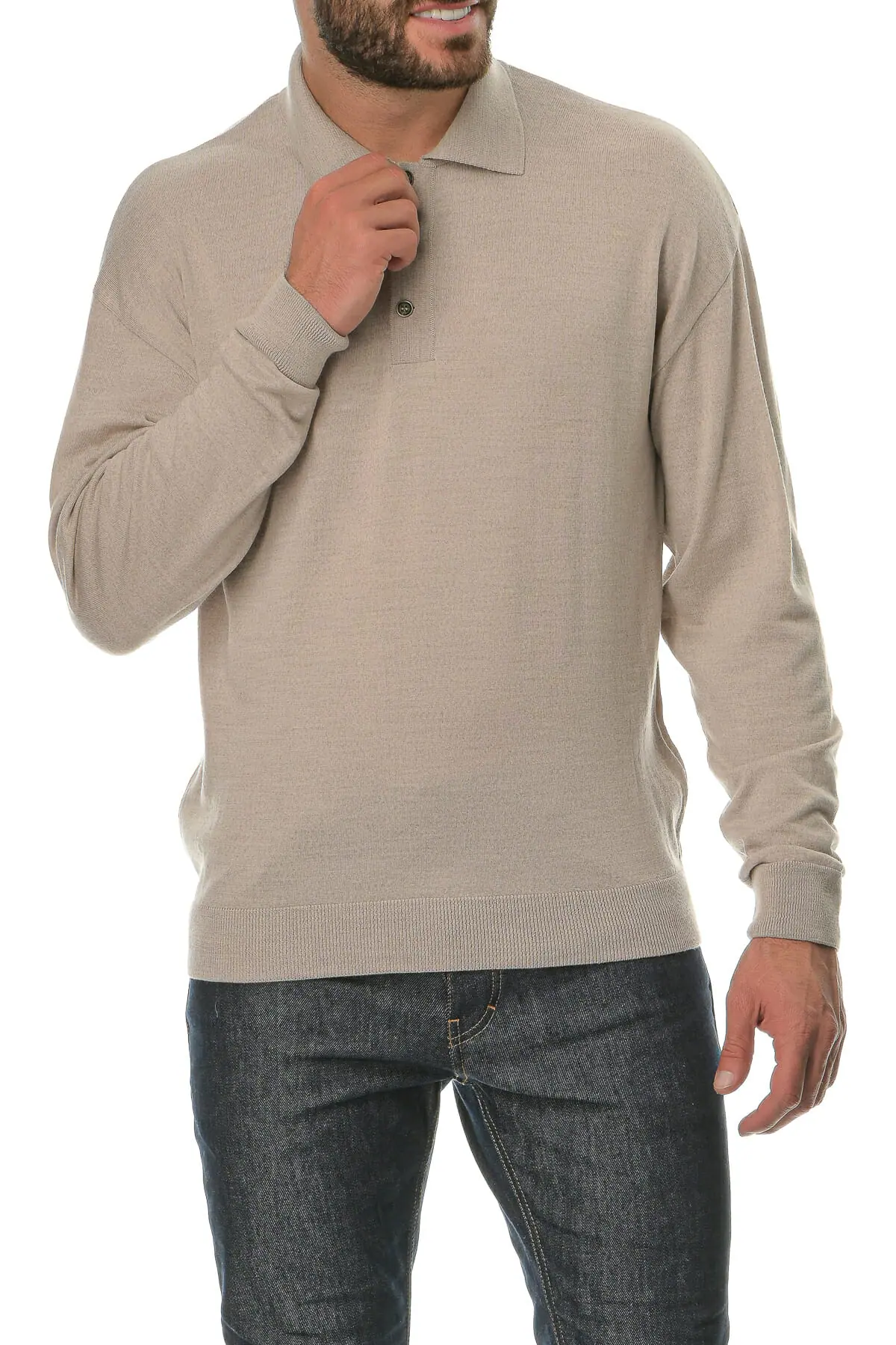 Merino Wool natural Man Polo T-Shirt Lsl - Image 2