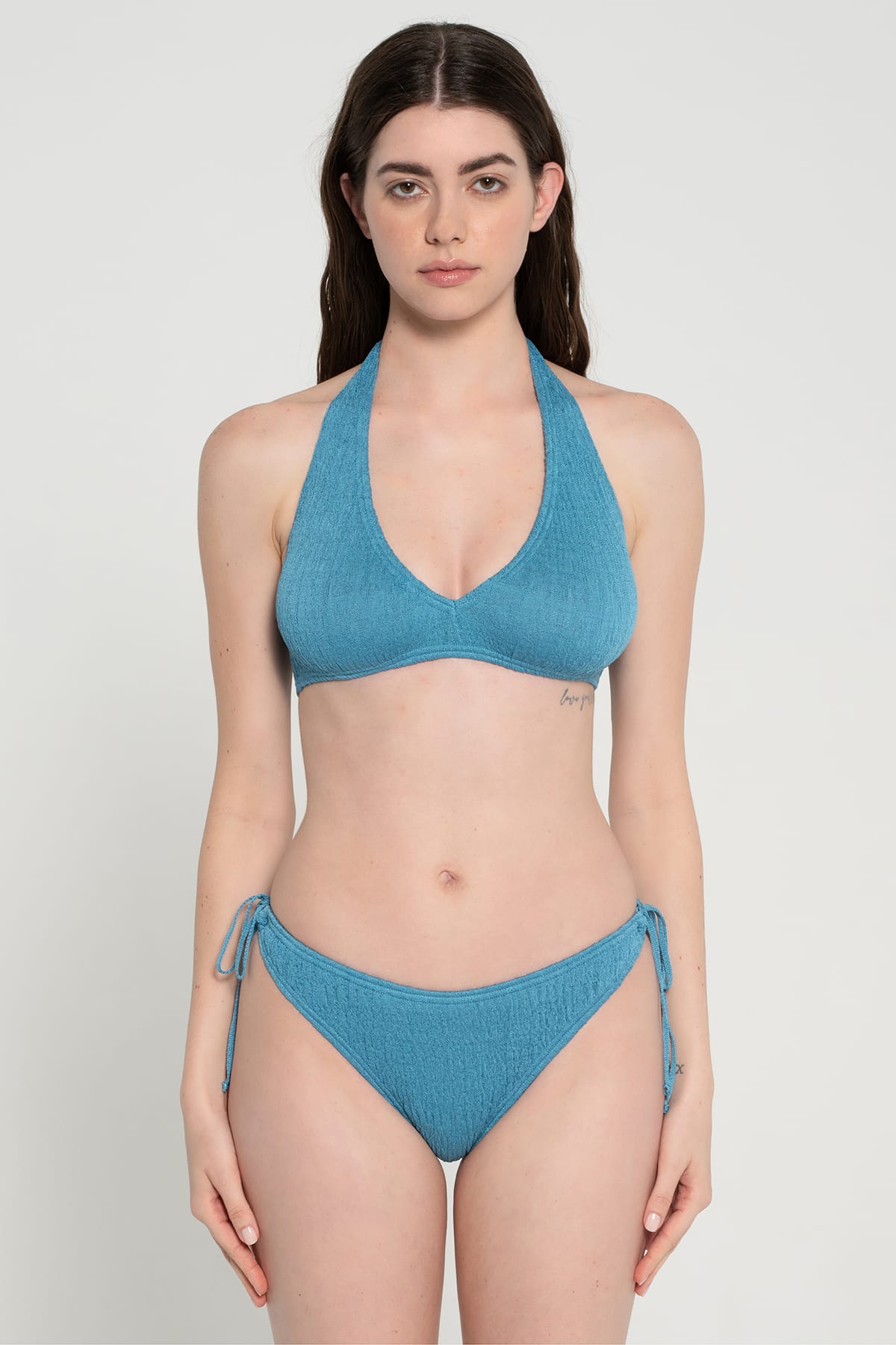 Pepper Vally cotton triangle bikini aegean blue lifestyle crop