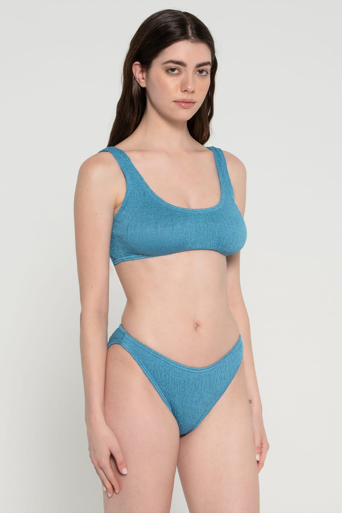 Pepper Vally cotton swimwear bikini bustier Aegean blue lifestyle side