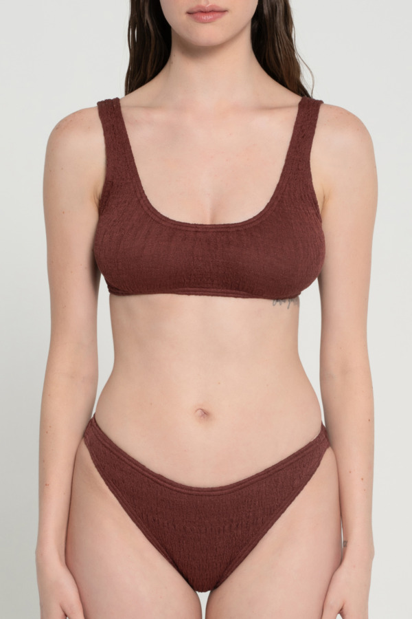 Pepper Vally cotton swimwear bikini bustier brown wine front crop