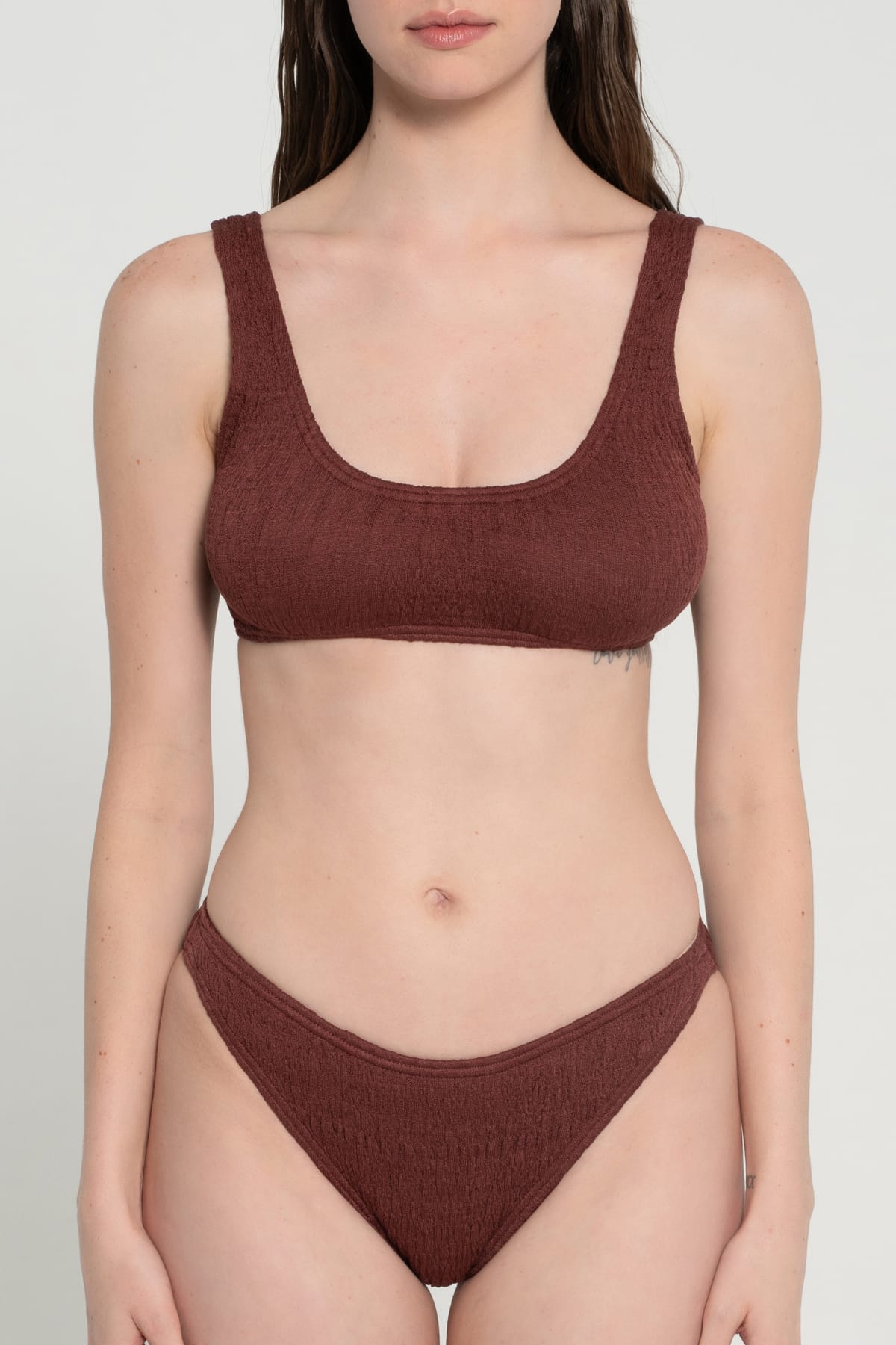 Pepper Vally cotton swimwear bikini bustier brown wine front crop