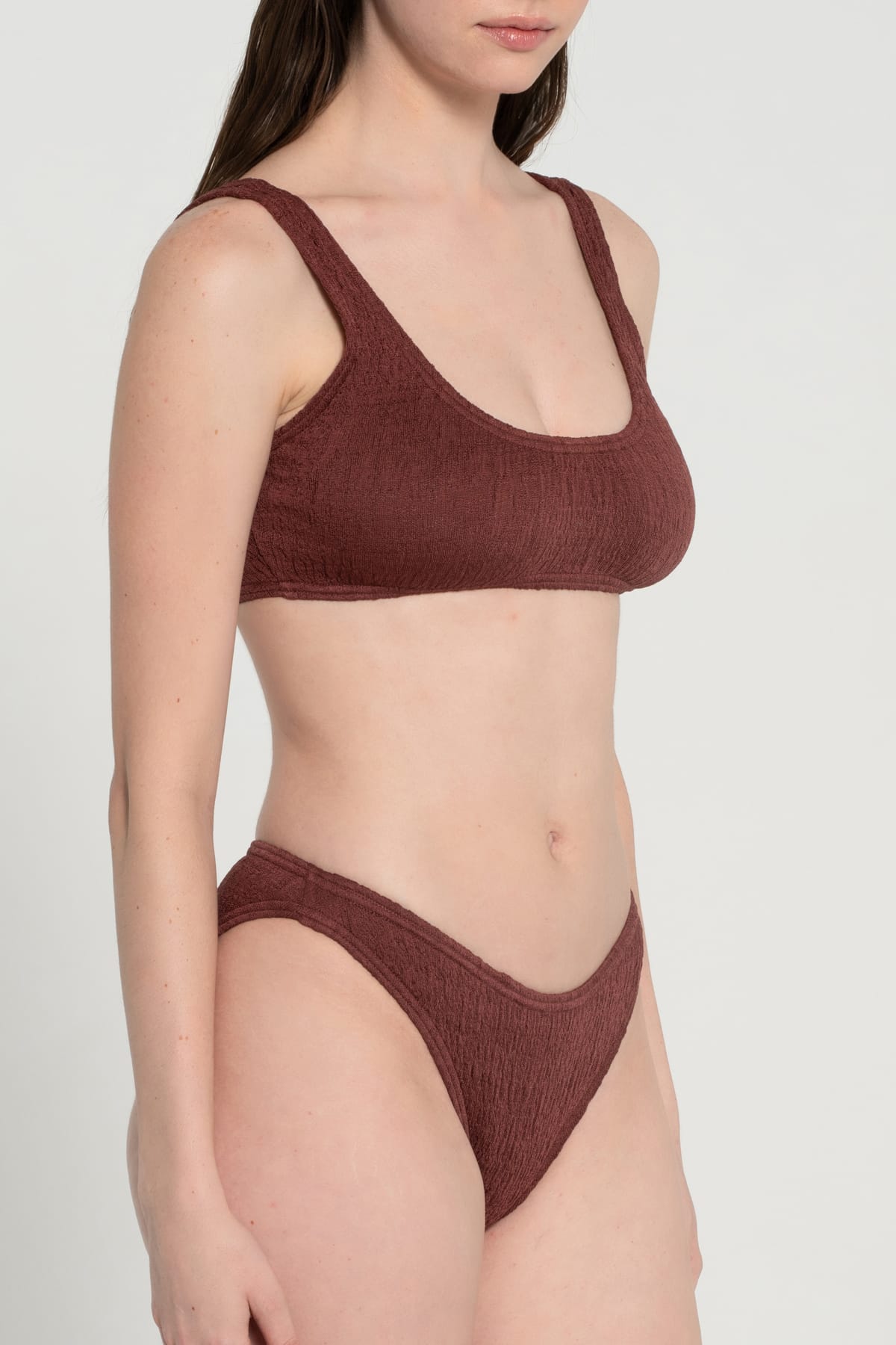 Pepper Vally cotton swimwear bikini bustier brown wine side crop