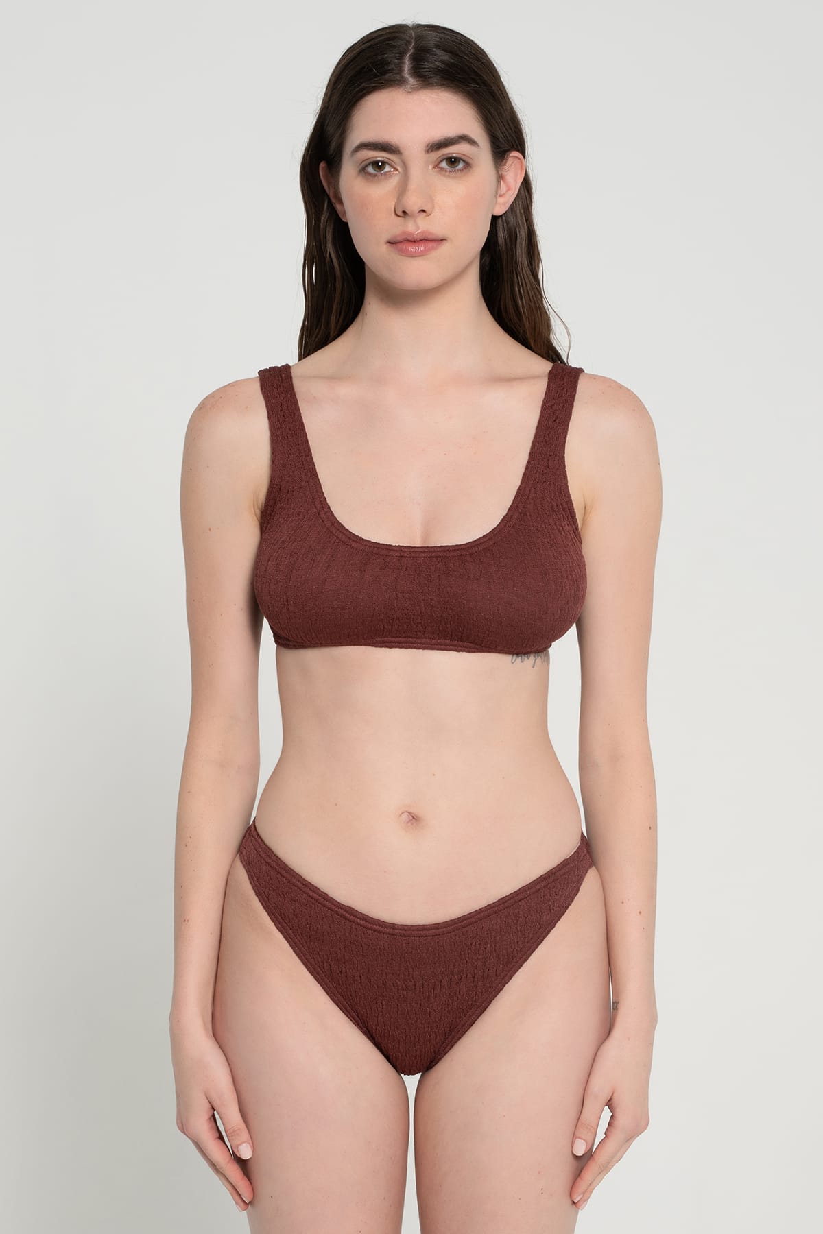 Pepper Vally cotton swimwear bikini bustier brown wine front