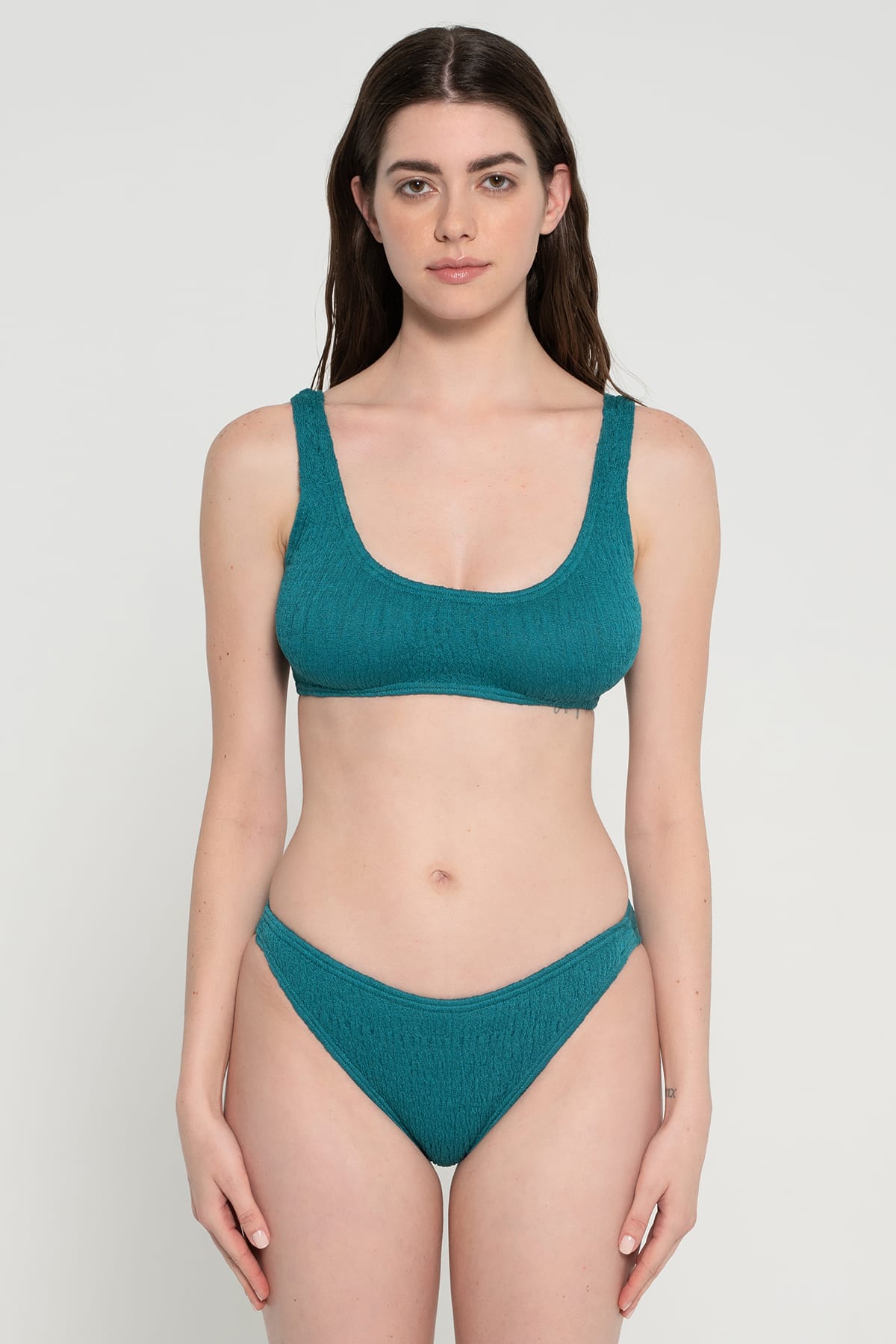 Pepper Vally cotton swimwear bikini bustier ionian teal front