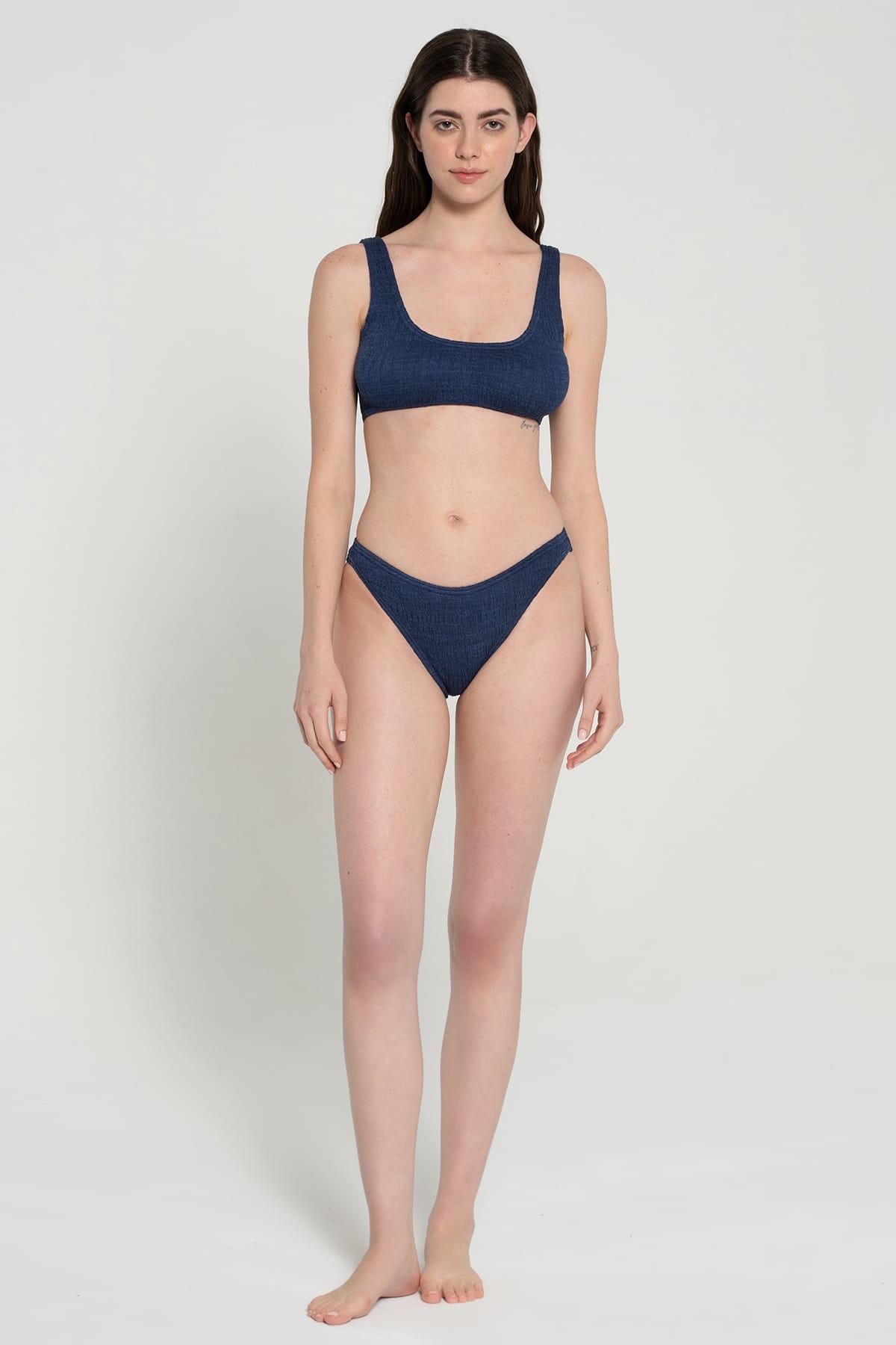 Pepper Vally cotton swimwear bikini bustier ocean blue lifestyle pose