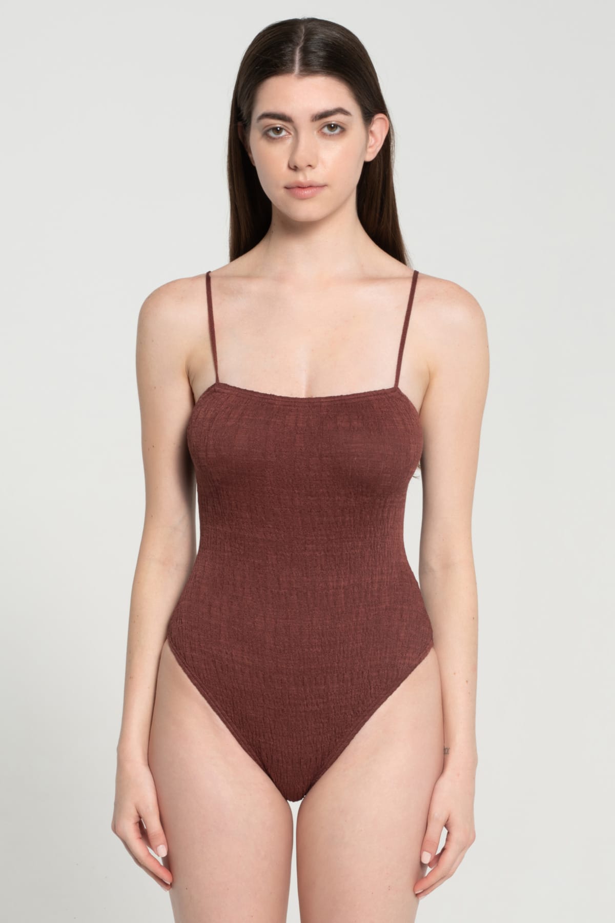 Pepper Vally cotton one-piece swimwear Linear brown wine hero crop