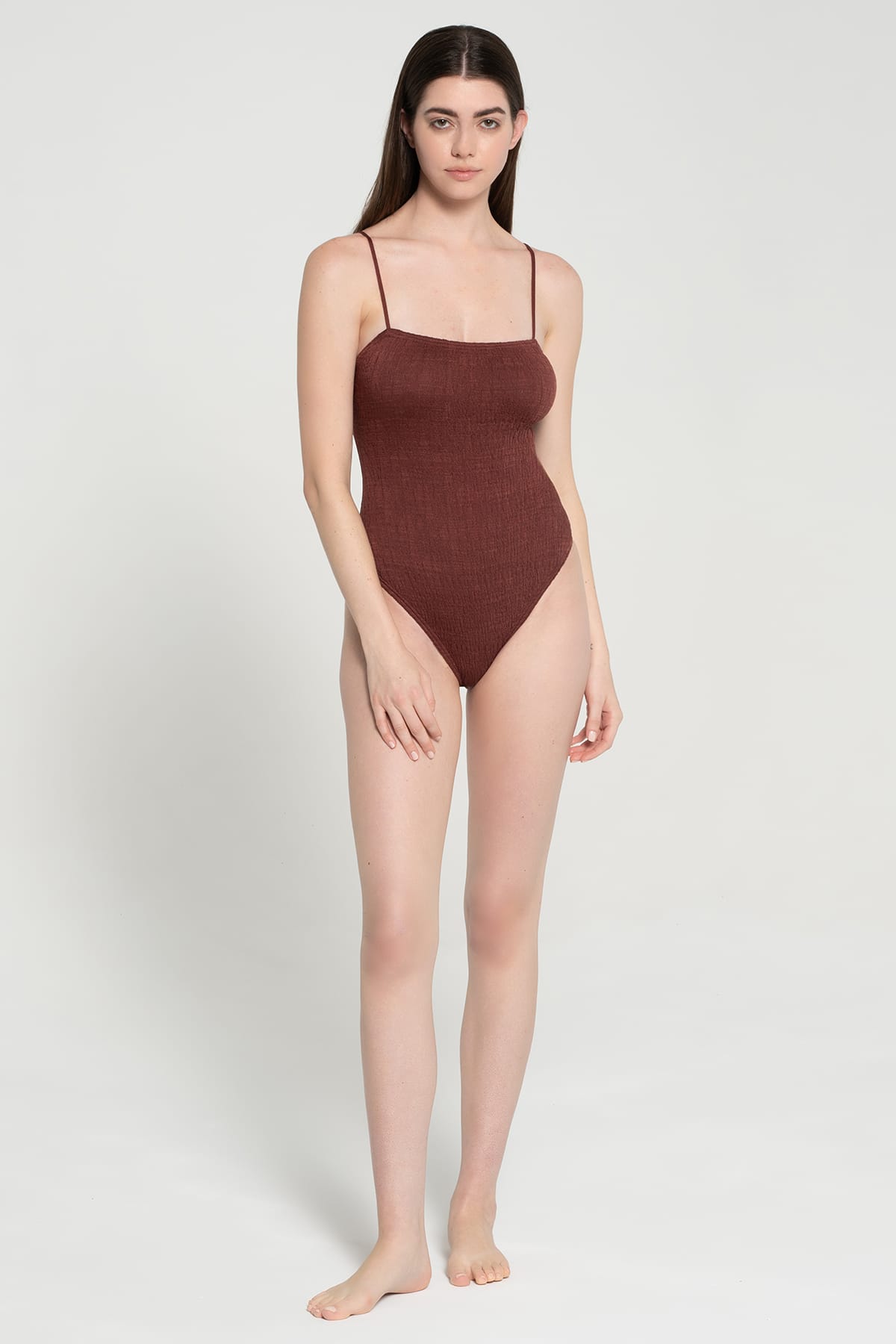 Pepper Vally cotton one-piece swimwear Linear brown wine hero