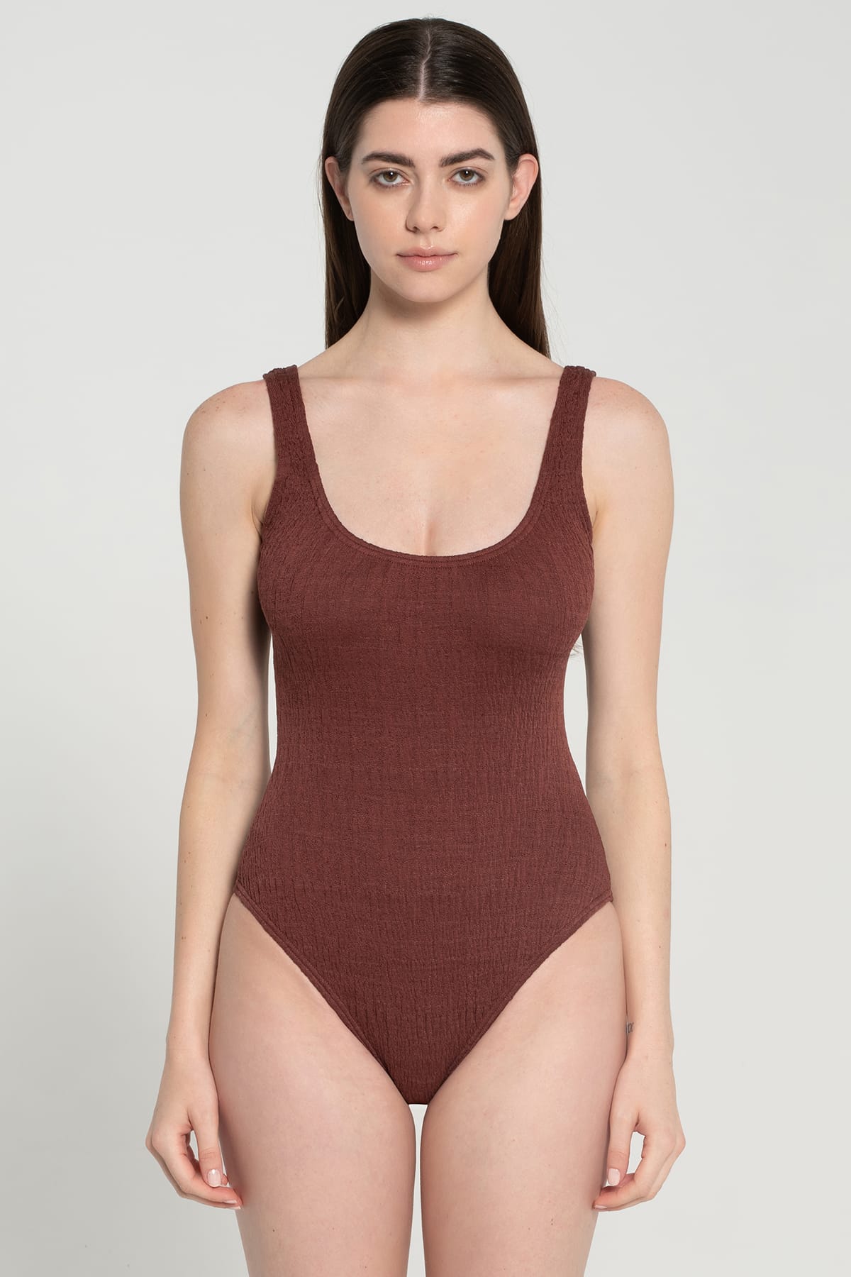 Pepper Vally cotton one-piece swimwear brown wine straight pose
