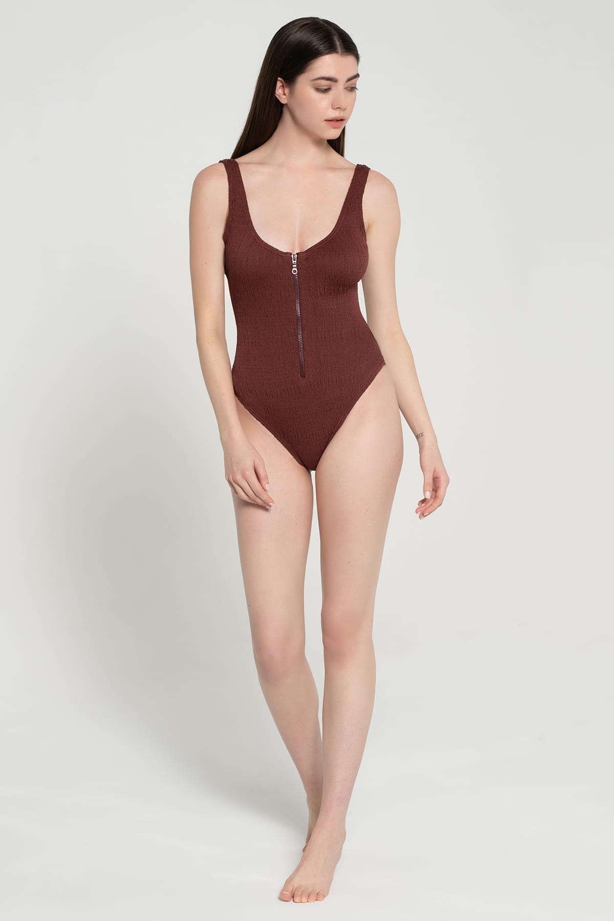 Pepper Vally cotton one-piece swimwear zipper brown wine hero