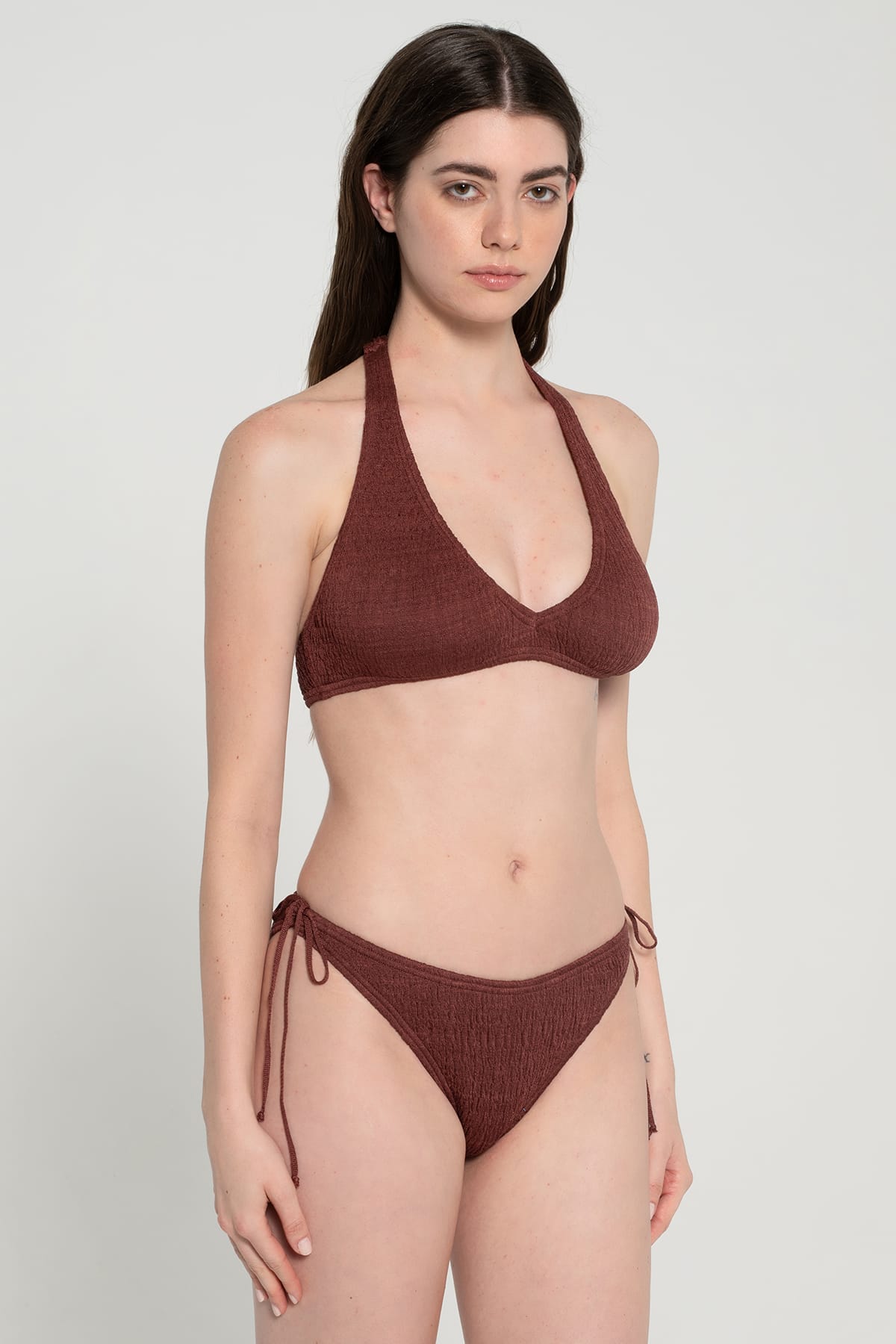 Pepper Vally cotton triangle bikini brown wine side pose
