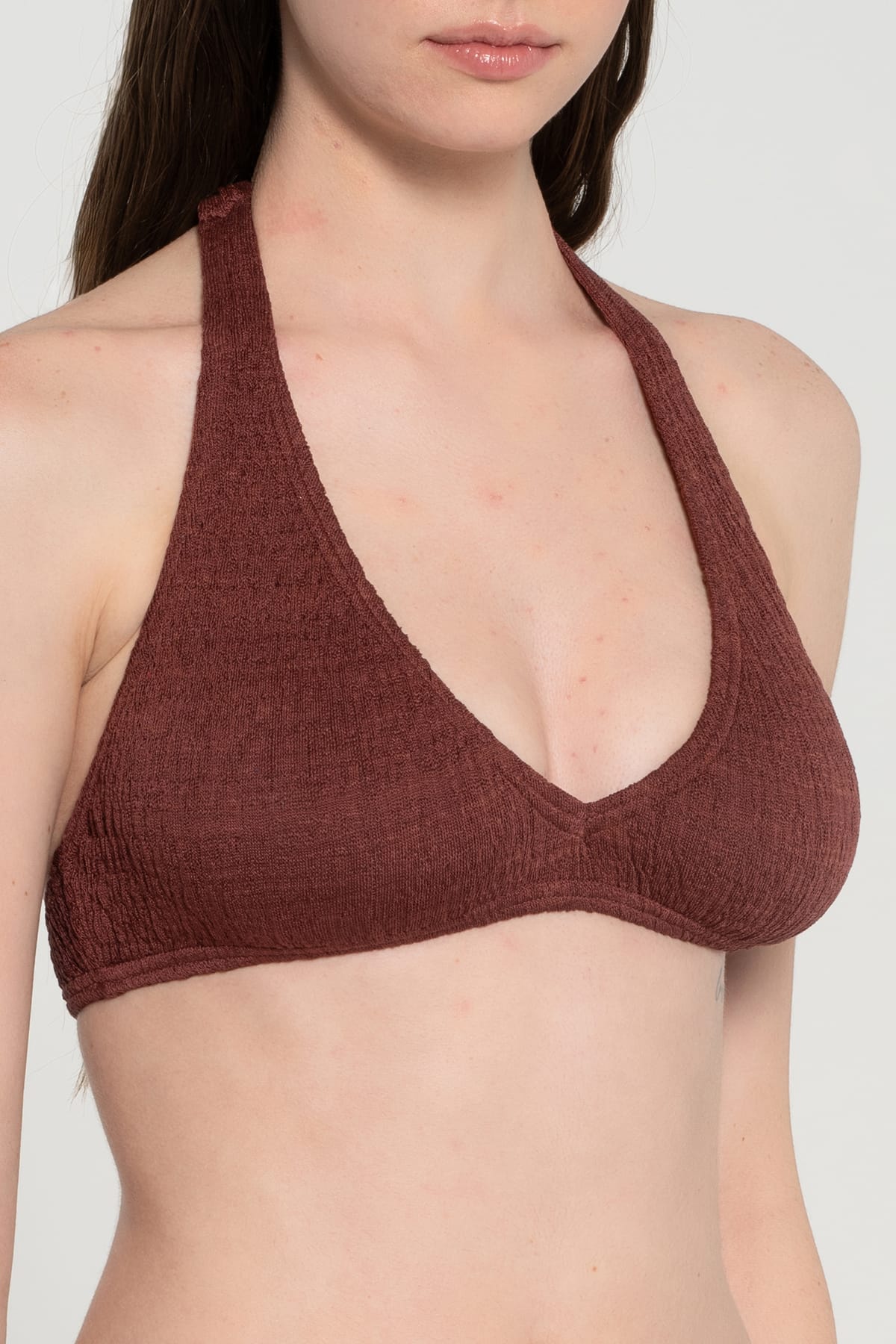 Pepper Vally cotton triangle bikini brown wine detail top