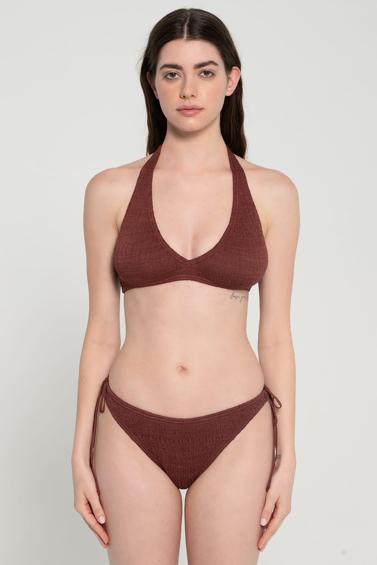 Pepper Vally cotton triangle bikini brown wine lifestyle crop